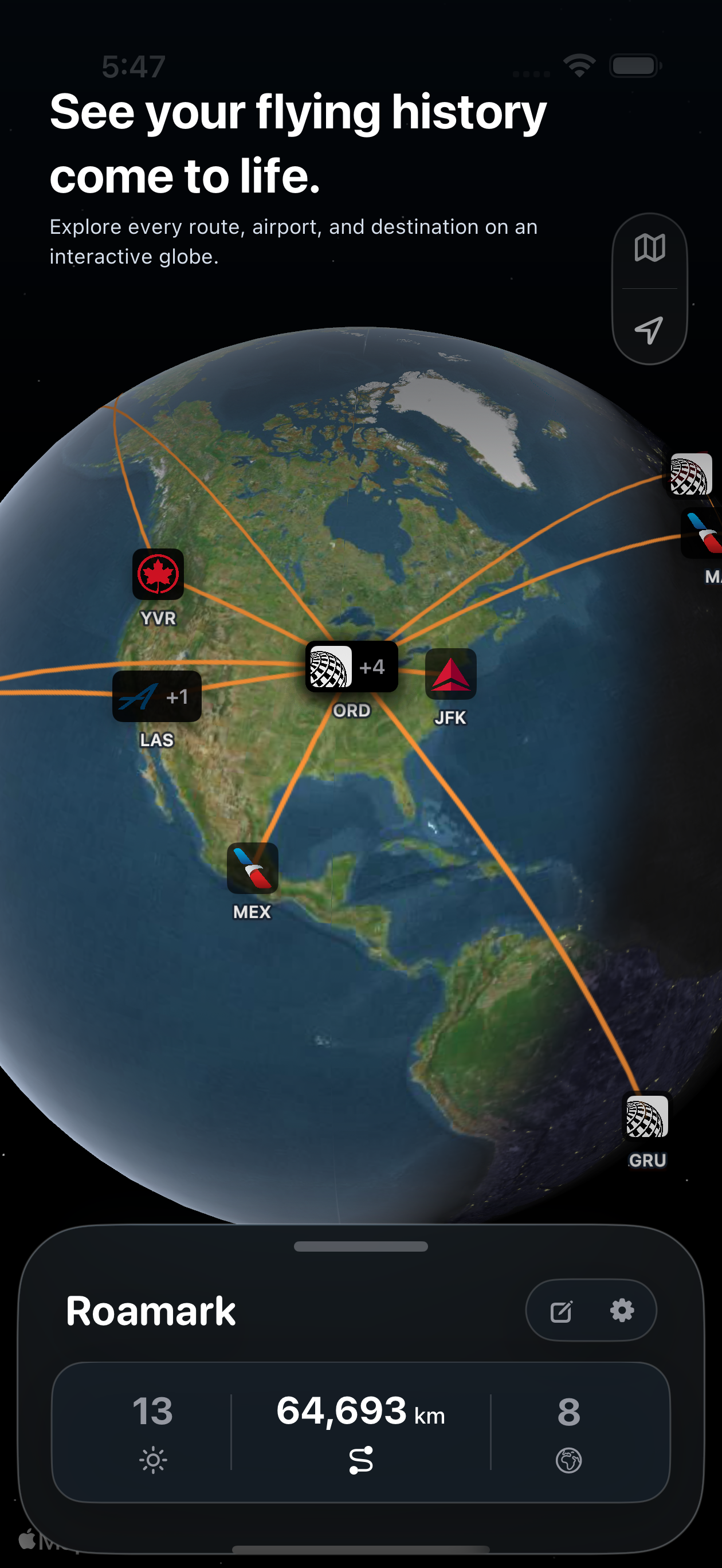 Roamark flight history map screenshot