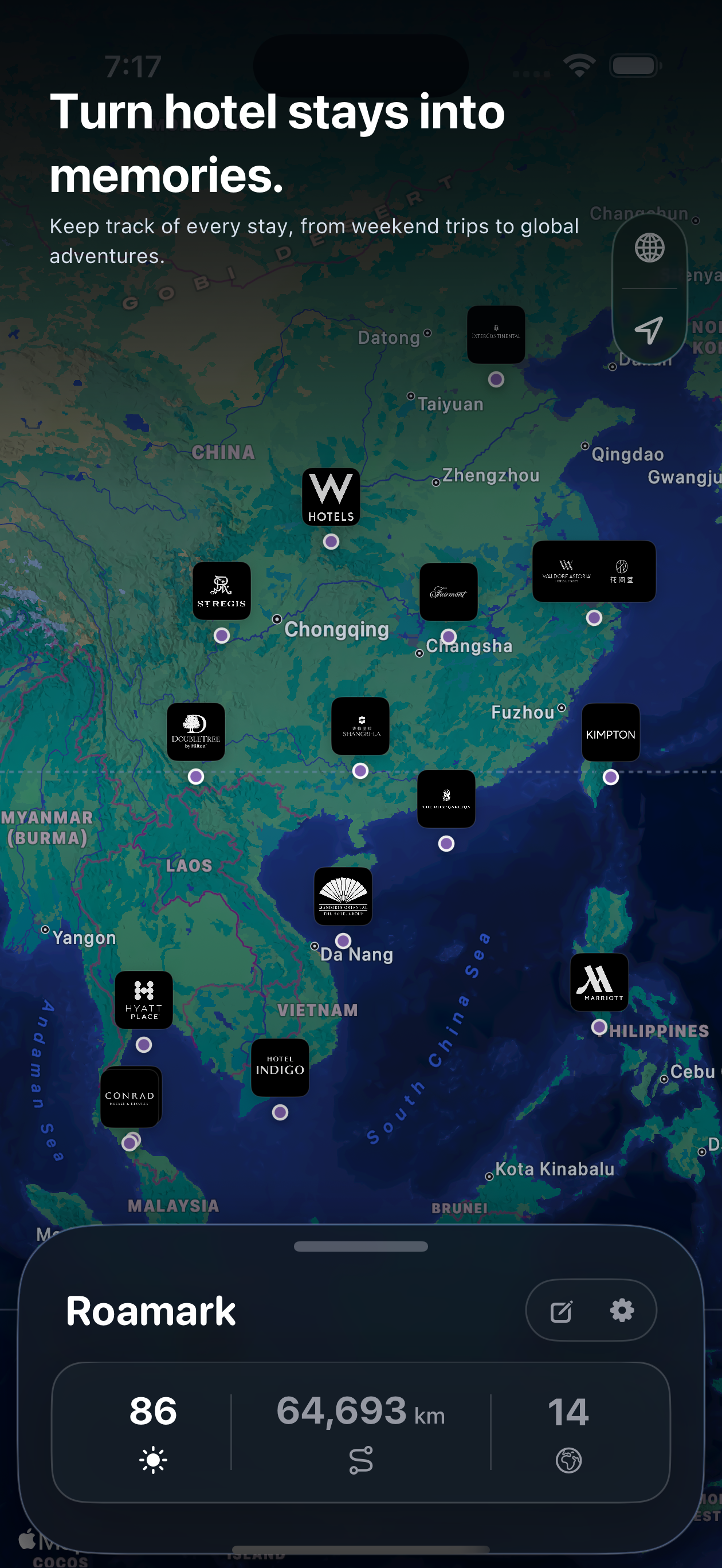 Hotel stays map screenshot